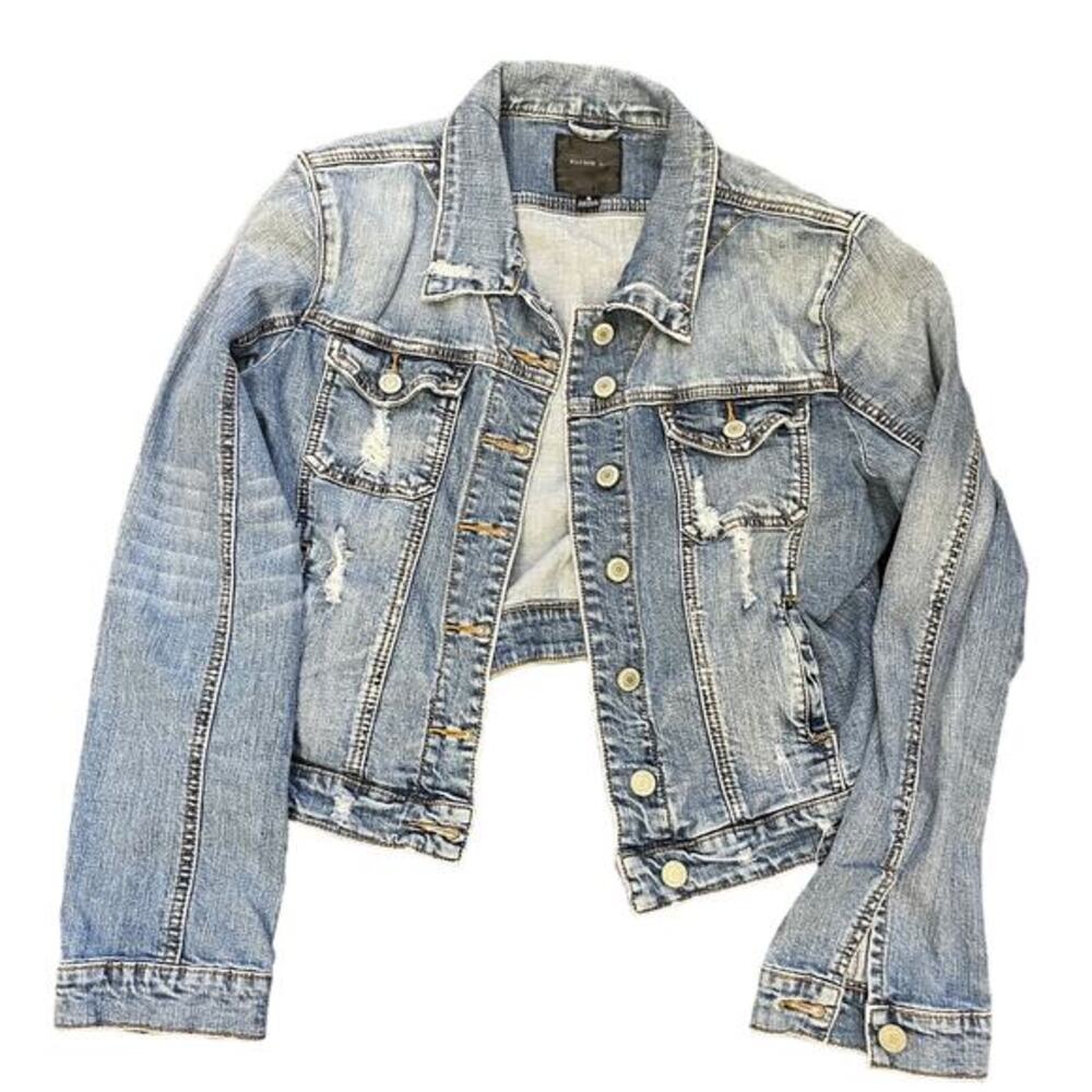 Klique B Womens Denim Jean Jacket Sz S Trucker Y2K Western‎ Cowgirl Distressed